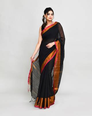 cotton silk black handloom saree with blouse piece 4