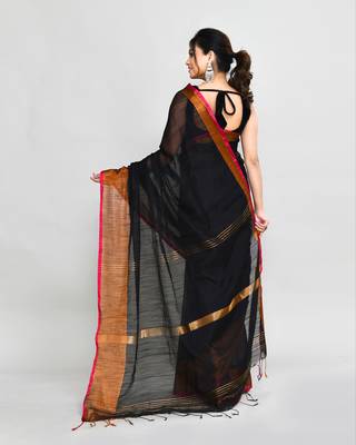 cotton silk black handloom saree with blouse piece 5