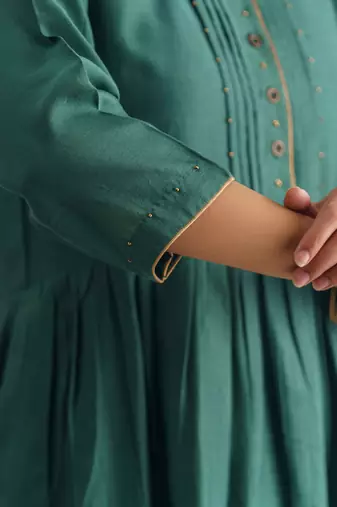 Bottle green bead and sequence work chanderi silk kurta (with slip) with pant and dupatta