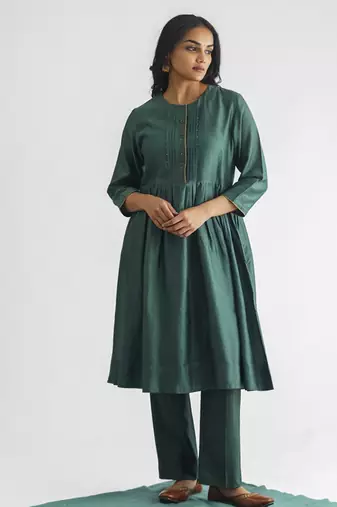 Bottle green bead and sequence work chanderi silk kurta (with slip) with pant and dupatta