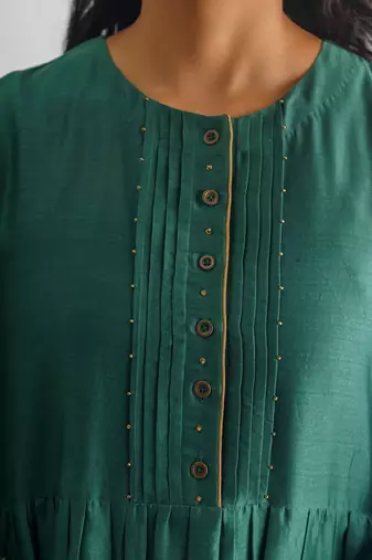 Bottle green bead and sequence work chanderi silk kurta (with slip) with pant and dupatta