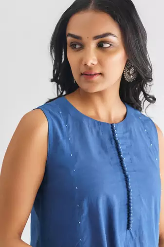 Blue beaded cotton silk kurta with potli button detail with pants