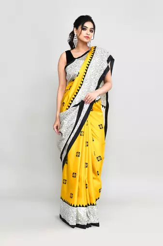 Piyari fashion golden printed saree with blouse