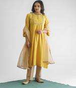 Yellow gold floral embroidery chanderi silk cotton kurta (with slip) with pant and dupatta