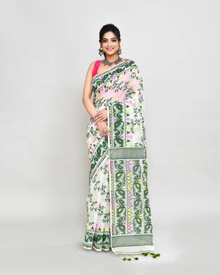 Women's off white green cotton silk jamdani saree 1