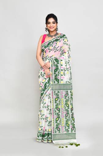 Women's off white green cotton silk jamdani saree