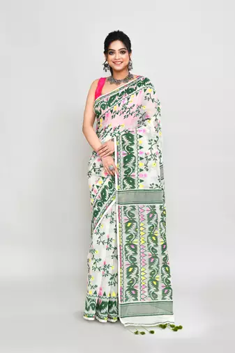 Women's off white green cotton silk jamdani saree