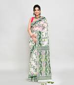 Women's off white green cotton silk jamdani saree