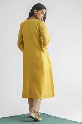 Yellow gold floral embroidery chanderi silk cotton kurta (with slip) with pant and dupatta