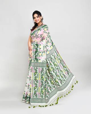 Women's off white green cotton silk jamdani saree 2