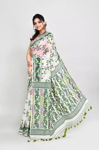 Women's off white green cotton silk jamdani saree
