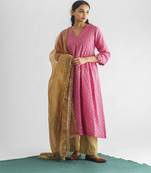 Pink hand embroidered chanderi silk kurta (with slip) with pant and dupatta