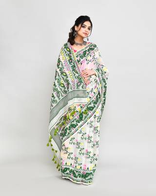 Women's off white green cotton silk jamdani saree 3
