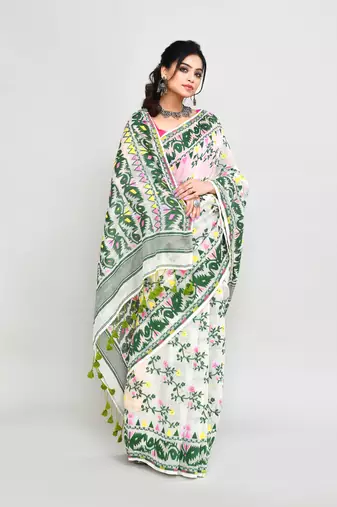 Women's off white green cotton silk jamdani saree