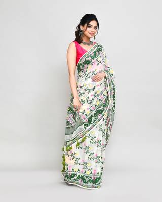 Women's off white green cotton silk jamdani saree 4