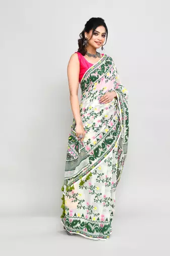 Women's off white green cotton silk jamdani saree