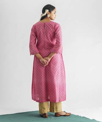 Pink hand embroidered chanderi silk kurta (with slip) with pant and dupatta 5