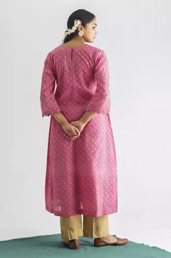 Pink hand embroidered chanderi silk kurta (with slip) with pant and dupatta