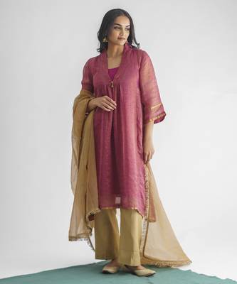 Plum hand embroidered zari stripe kurta (with slip) with pant and dupatta 1