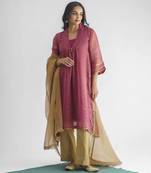 Plum hand embroidered zari stripe kurta (with slip) with pant and dupatta
