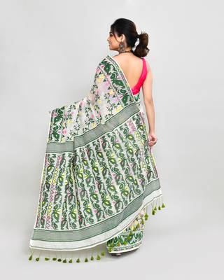 Women's off white green cotton silk jamdani saree 5