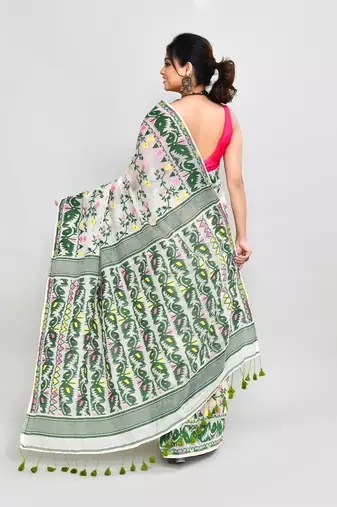 Women's off white green cotton silk jamdani saree