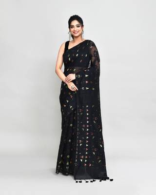 Women's black cotton silk jamdani saree with tassels without blouse 1