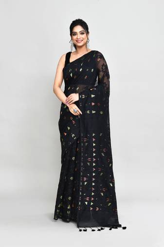 Women's black cotton silk jamdani saree with tassels without blouse