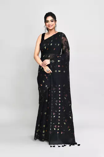 Women's black cotton silk jamdani saree with tassels without blouse
