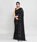 Women's black cotton silk jamdani saree with tassels without blouse