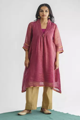Plum hand embroidered zari stripe kurta (with slip) with pant and dupatta