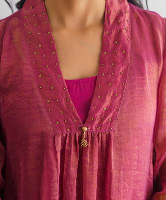 Plum hand embroidered zari stripe kurta (with slip) with pant and dupatta 4