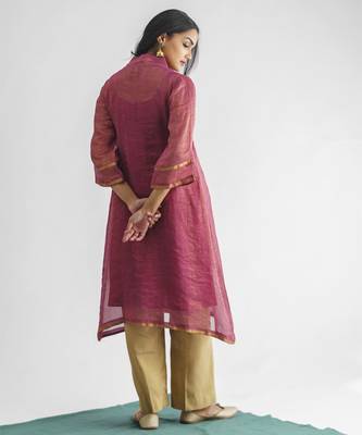 Plum hand embroidered zari stripe kurta (with slip) with pant and dupatta 5