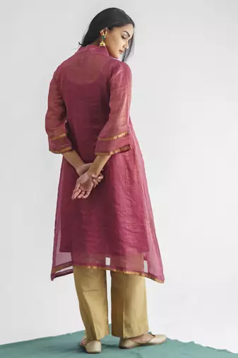 Plum hand embroidered zari stripe kurta (with slip) with pant and dupatta