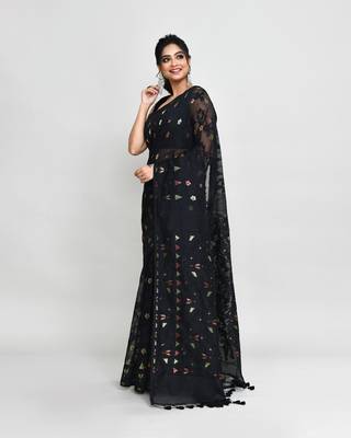 Women's black cotton silk jamdani saree with tassels without blouse 2
