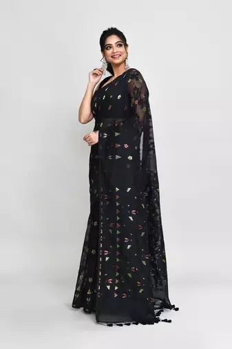 Women's black cotton silk jamdani saree with tassels without blouse