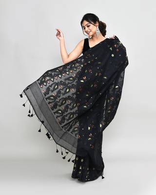 Women's black cotton silk jamdani saree with tassels without blouse 3