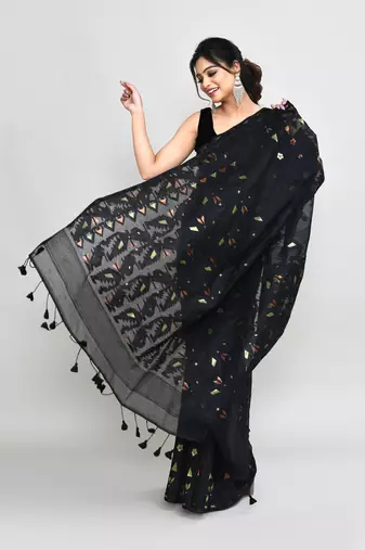 Women's black cotton silk jamdani saree with tassels without blouse