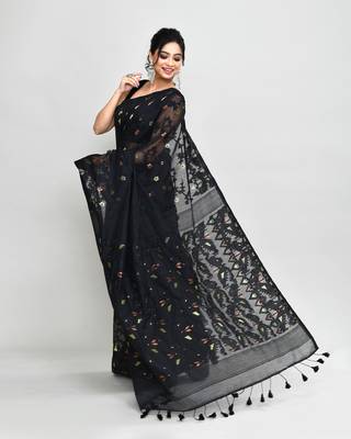 Women's black cotton silk jamdani saree with tassels without blouse 4