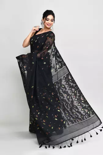Women's black cotton silk jamdani saree with tassels without blouse