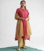 Pink embrodiered georgette tissue kurta (with slip) with pant and dupatta