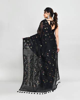 Women's black cotton silk jamdani saree with tassels without blouse 5