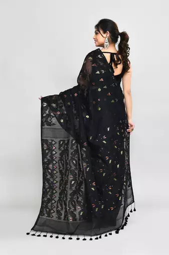 Women's black cotton silk jamdani saree with tassels without blouse