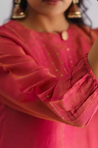 Pink embrodiered georgette tissue kurta (with slip) with pant and dupatta