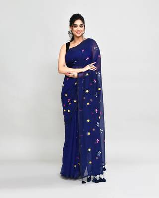 Women's blue exclusive embroidery saree with tassels without blouse 1