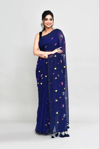 Women's blue exclusive embroidery saree with tassels without blouse