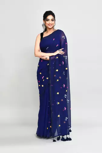 Women's blue exclusive embroidery saree with tassels without blouse