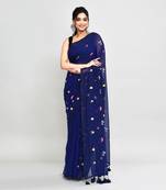 Women's blue exclusive embroidery saree with tassels without blouse