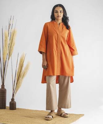 Orange stitch detail high low cotton kurta with pants 1