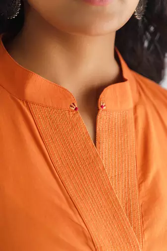 Orange stitch detail high low cotton kurta with pants